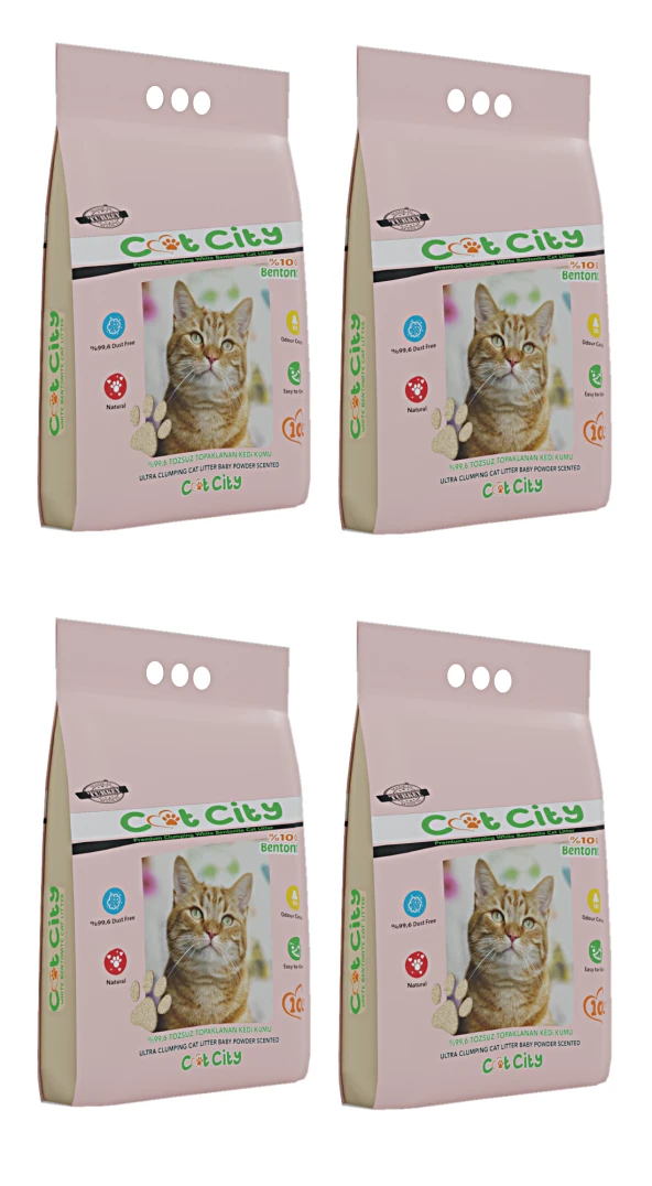 Cat City Ekstra Parfümlü Bentonit Topaklanan Kedi Kumu 10 Lt Bebek Pudralı ( 4 Adet )