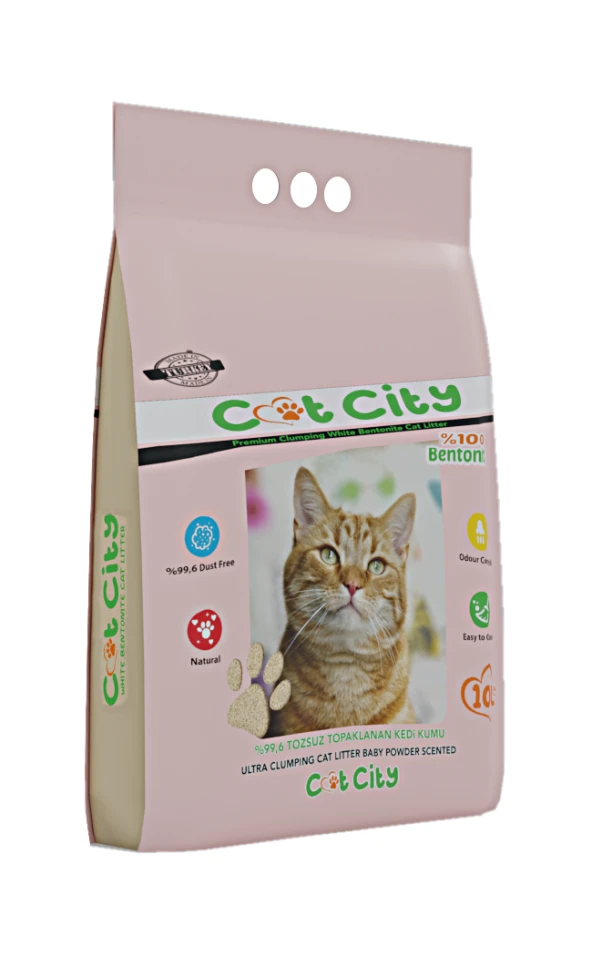 Cat City Ekstra Parfümlü Bentonit Topaklanan Kedi Kumu 10 Lt Bebek Pudralı ( 2 Adet )