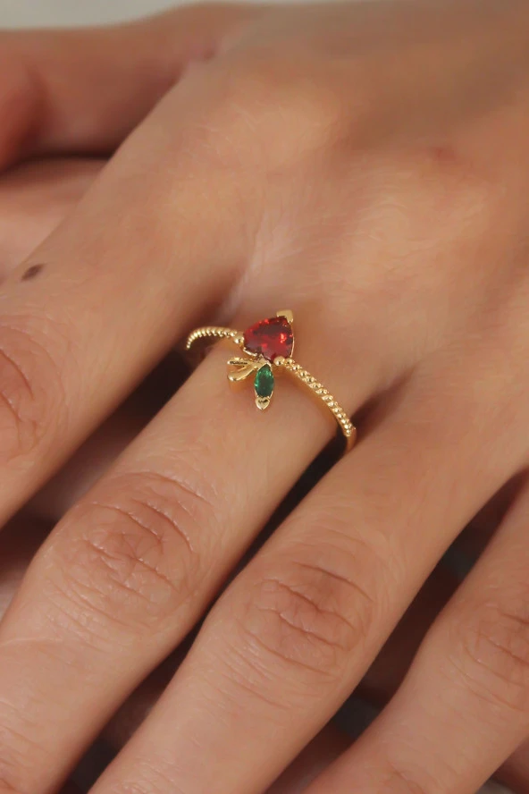 Gold Renk Taşlı Çilek Figür Kadın Yüzük - TJ-BYK2483 - Resim 2