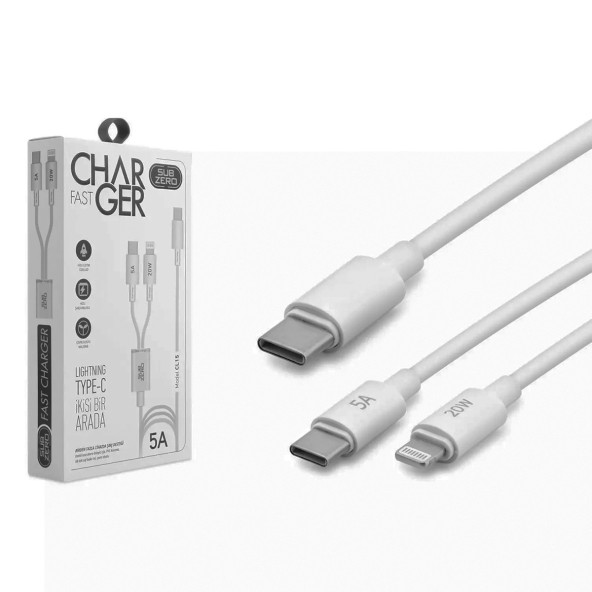 Hızlı Şarj Kablosu: 2si1 Arada Lightning (Apple/iPhone) + Type-C 20W 5A Fast Charger - 2
