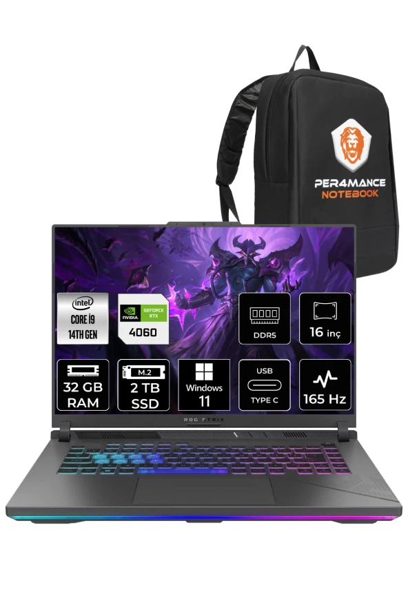 ASUS ROG Strix G16 i9-14900HX 32GB 2TB SSD RTX4060/8GB 165HZ 16" WUXGA W11P N3117 & PER4 ÇANTA