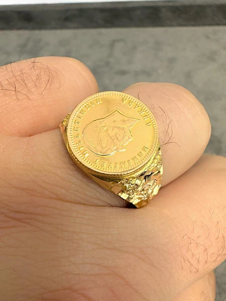 Üç Güllü Model 22 Ayar Ata Çeyrekli Altın Erkek Yüzük - 5