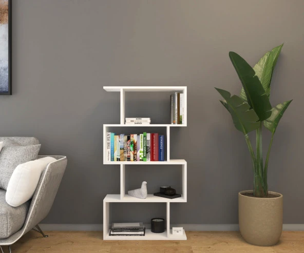 Mirobi 4 Raflı Kitaplık, Dekoratif Raf Zigzag Kitaplık, Beyaz Renk - 3