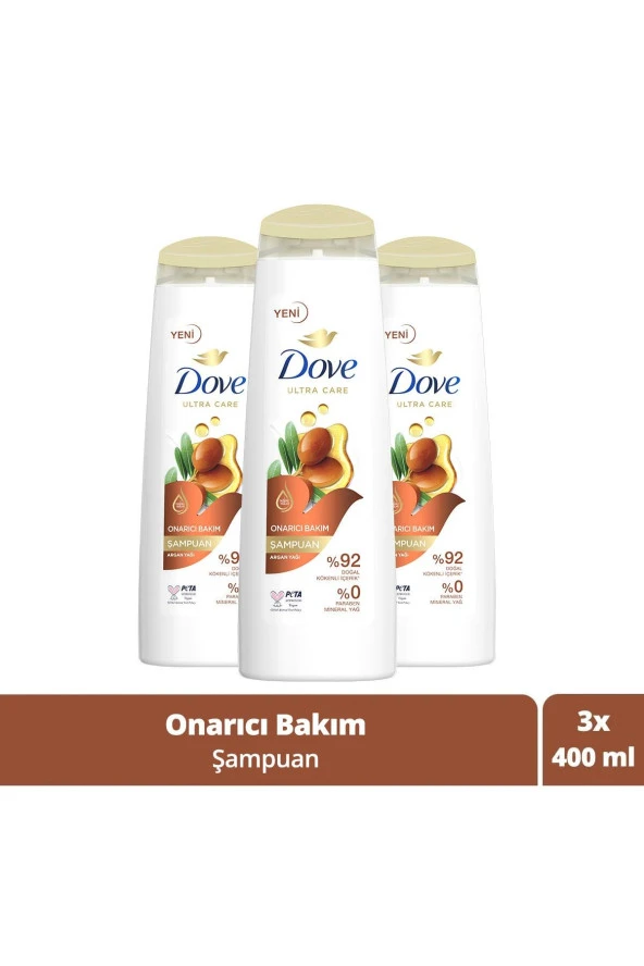 DOVE Ultra Care Saç Bakım Şampuanı Onarıcı Bakım Argan Yağı 400 Ml X3 Adet