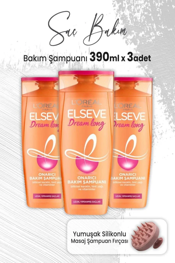 ELSEVE Dream Long Onarıcı Bakım Şampuanı 390 Ml X 3 Adet Ve Masaj Şampuan Fırçası Pembe