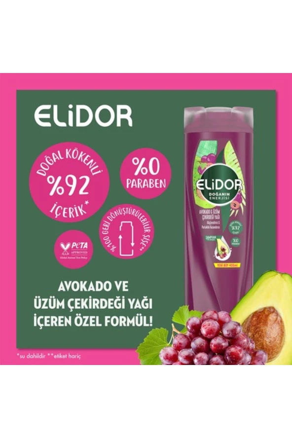 ELİDOR Doğanın Enerjisi Saç Bakım Şampuanı Avokado Ve Üzüm Çekirdeği Yağı Güçlendirici & Parlaklık K - 2