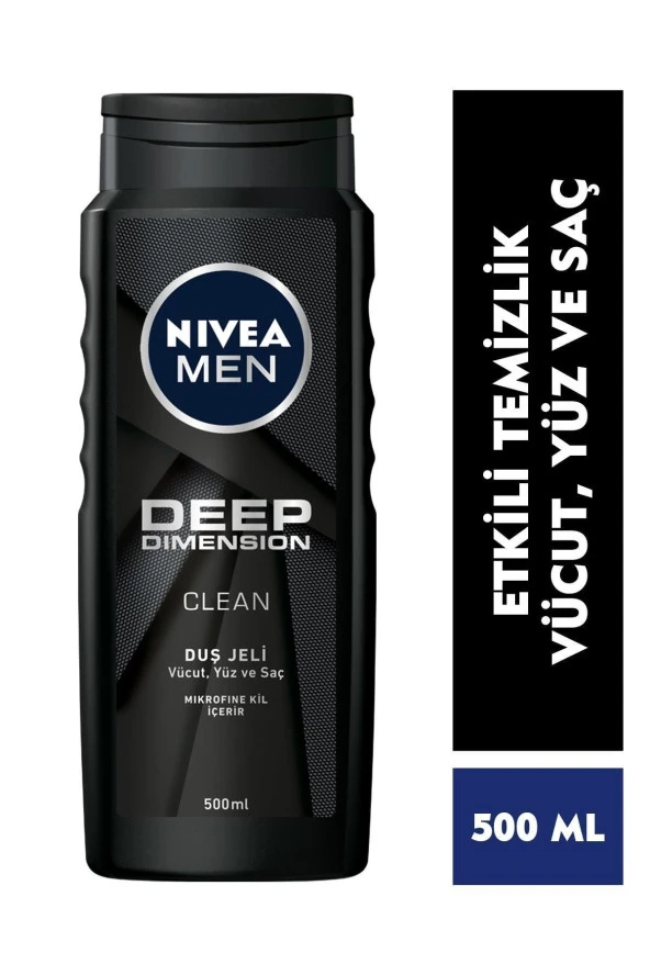 NİVEA Men Deep Dimension Duş Jeli 500Ml, 3'Ü 1 Arada Komple Bakım, Vücut, Saç Ve Yüz İçin, Çekici Koku