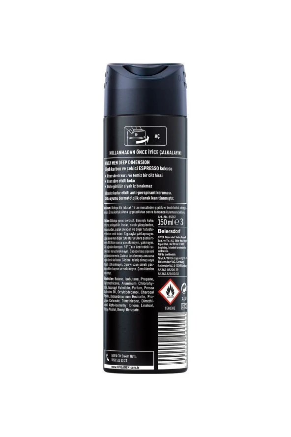 NİVEA Men Erkek Sprey Deodorant Deep Dimension Espresso 150 Ml,48 Saat Antiperspirant Koruma