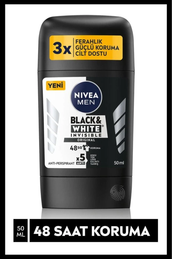 NİVEA Men Erkek Stick Deodorant Black&White Invisible Original 50 Ml,48 Saat Anti-Perspirant Koruma