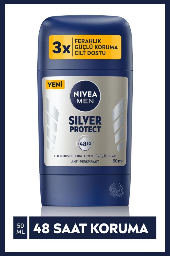 NİVEA Men Erkek Stick Deodorant Silver Protect 50 Ml,Ter Kokusuna Karşı,48 Saat Anti-Perspirant Koruma,