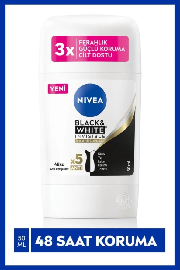 NİVEA Kadın Stick Deodorant Black&White Invisible 50 Ml,Ipeksi Pürüzsüzlük 48 Saat Anti-Perspirant Koruma