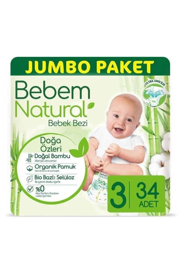 BEBEM NATURAL Bebem Bebek Bezi Natural Jumbo Pk Beden:3 4-9Kg Midi 34 Adet