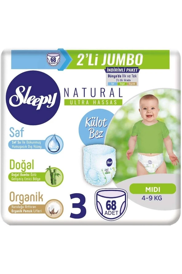 SLEEPY Unisex Bebek Külot Bezi 3 Beden 68 Adet 2'Li Jumbo