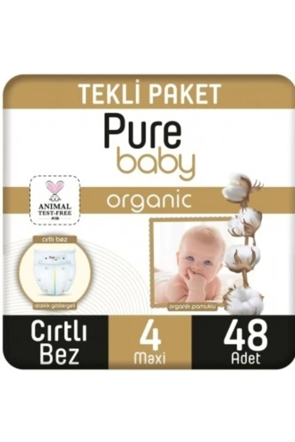 PURE BABY Organik Pamuklu Cırtlı Bebek Bezi Maxi 4 No 48 Li