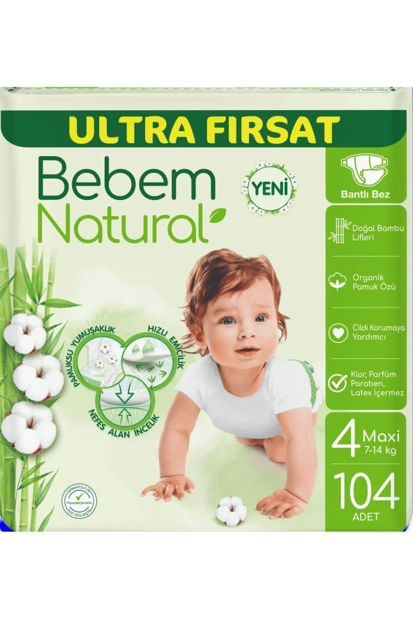 BEBEM NATURAL Bebek Bezi Ultra Fırsat Paketi Maxi 4 No 104 Lü