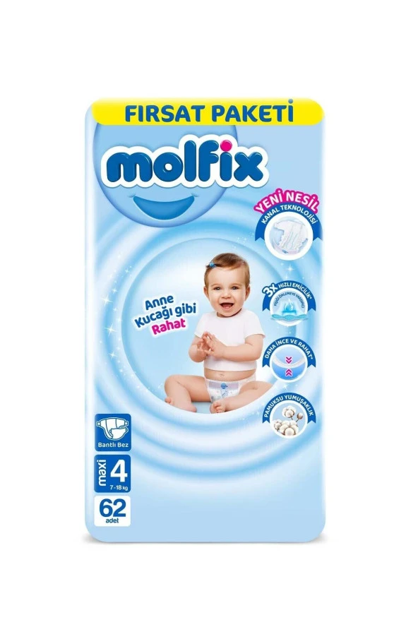 MOLFİX 3D 4 Beden Maxi Bebek Bezi 62'Li