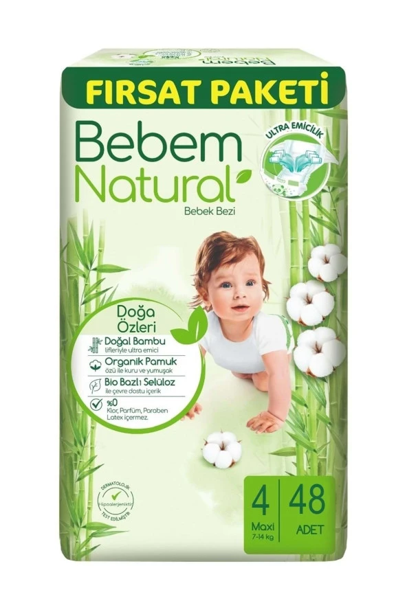 BEBEM NATURAL Bebem Bebek Bezi Natural Beden:4 (7-14Kg) Maxi 48 Adet Fırsat Pk