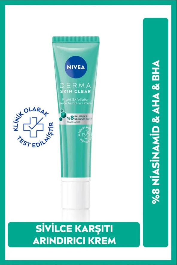 NİVEA Derma Skin Clear %8 Niasinamid Night Exfoliator Gece Arındırıcı Sivilce Karşıtı Krem 40Ml