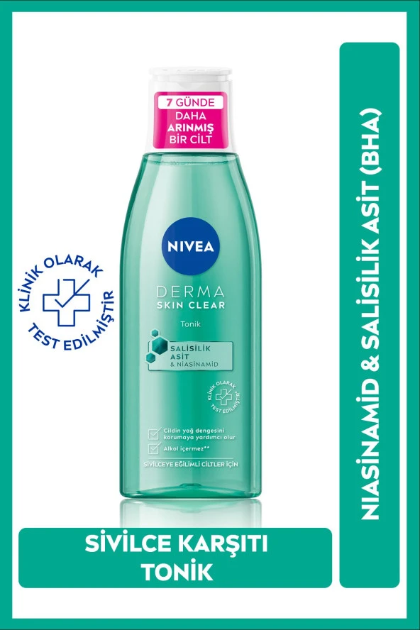 NİVEA Derma Skin Clear Sivilce Karşıtı Tonik 200Ml,Salisilik Asit (Bha), Gözenek Arındırıcı