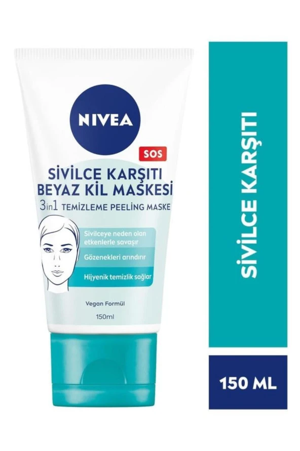 NİVEA Sivilce Karşıtı 3Ü1 Arada Beyaz Kil Maskesi, Yüz Temizleyici, Peeling, Maske 150Ml