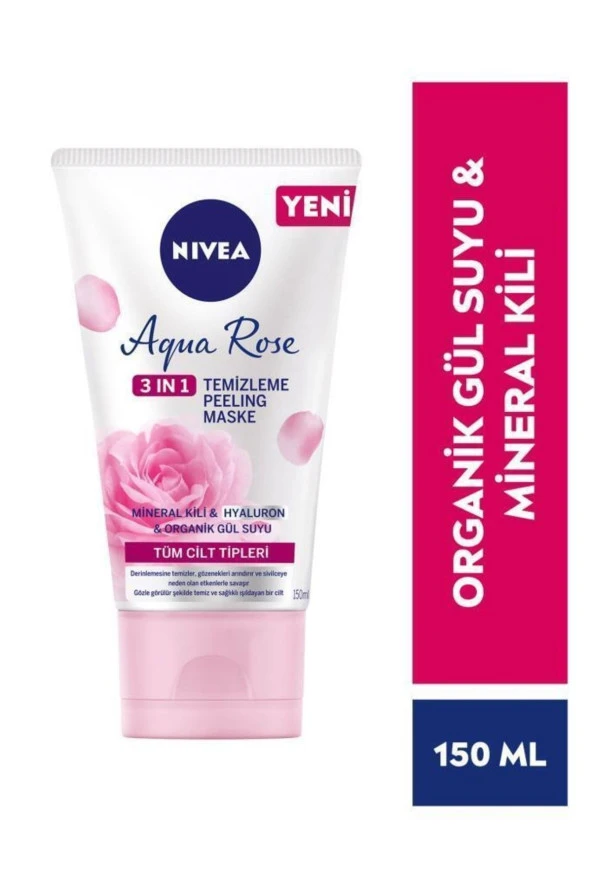 NİVEA Aqua Rose 3Ü1 Arada Yüz Temizleme Peeling Maske,Organik Gül Suyu,Hyaluron,Mineral Kili 150Ml