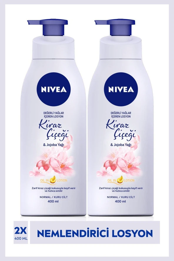 NİVEA Vücut Losyonu Değerli Yağlar İçerir Kiraz Çiçeği & Jojoba Yağı Normal Ve Kuru Ciltler,400 Ml X2 Adet