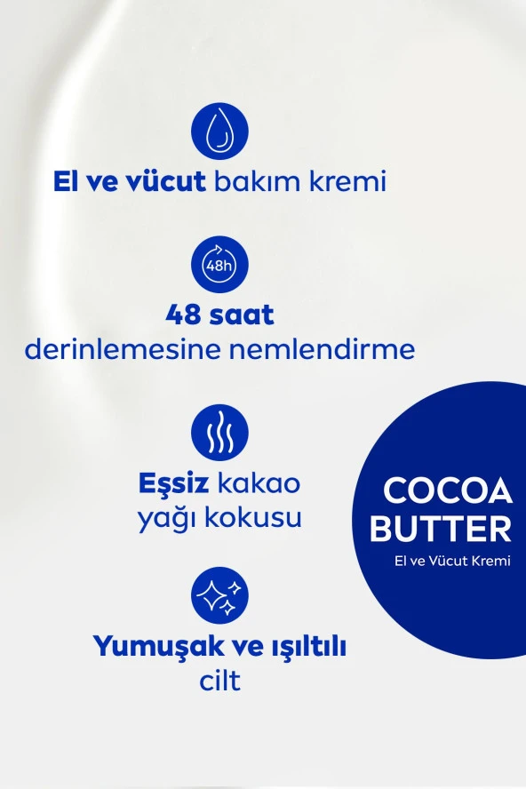 NİVEA El Ve Vücut Bakım Kremi Cocoa Butter 400Ml, 48 Saat Nemlendirici Serum, E Vitamini, Kakao Yağı