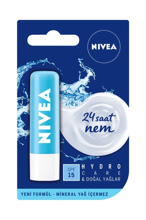 NİVEA Hydro Care Dudak Bakım Kremi 4,8Gr,24 Saat Nem, Doğal Yağlar,Spf 15,Gün Boyu Dudak Bakımı