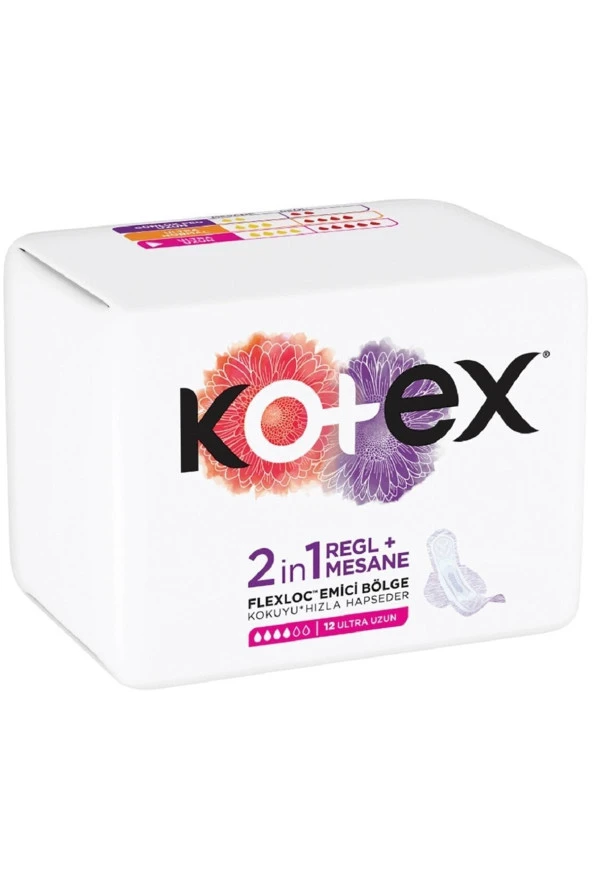 KOTEX 2 In 1 Regl + Ultra Uzun Mesane Pedi 12'Li Günlük Ped