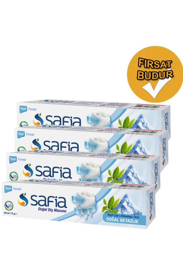 SAFİA Diş Macunu 75 Gr Yeşilçay + Himalaya Tuzu Komple Helal Marka X 4 Adet