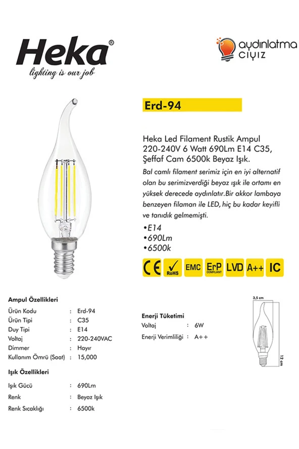 Heka 10'lu Led Filament Rustik Ampul Kıvrık Uç 6W E14 6500K (Beyaz Işık)