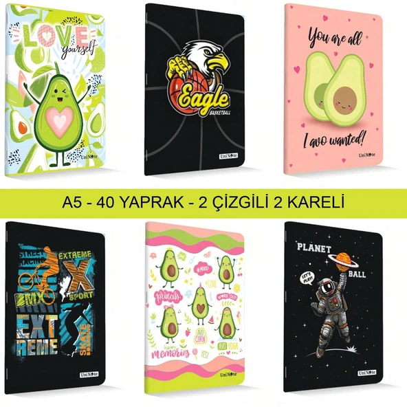 Çınar Uninote A5 40 Yaprak Karton Kapak Dikişli Defter 2 Çizgili 2 Kareli