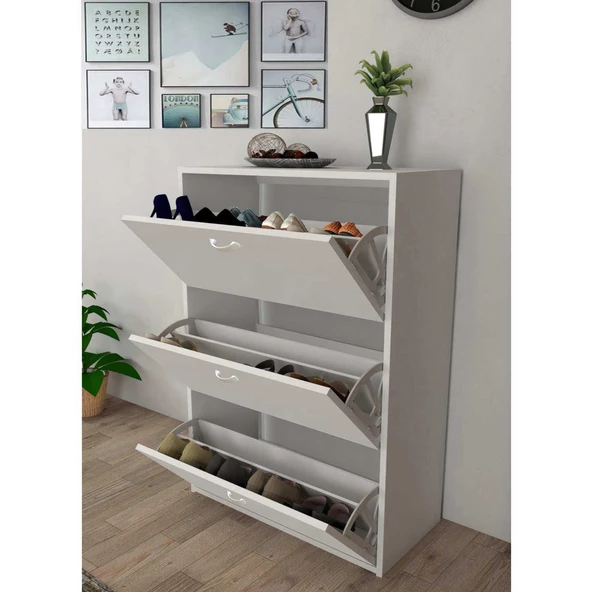 Modilayn TRIPLEX Kapıönü 3 Katlı Düşer Kapak Beyaz Ayakkabılık, Ayakkabı Dolabı, Beyaz - 4