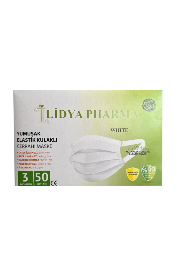 LİDYA PHARMA Lidya Maske 3 Katlı Telli Geniş Lastikli Beyaz Meltblownlu 10'lu Poşetlenmiş Cerrahi Telli 50'li