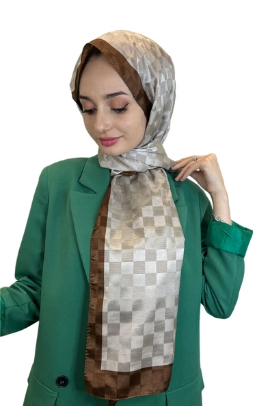 Hint İpek Dama Desenli Monogram Şal 00707  KOYU BEJ - 1