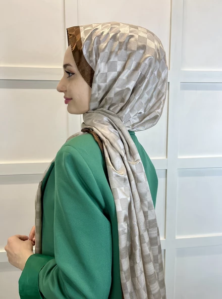 Hint İpek Dama Desenli Monogram Şal 00707  KOYU BEJ - 3
