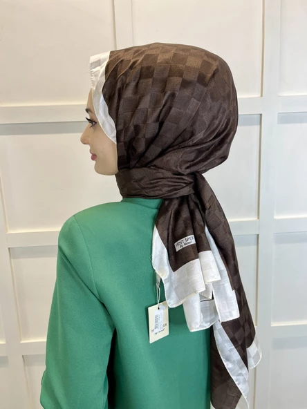 Hint İpek Dama Desenli Monogram Şal 00707 ACI KAHVE - 4