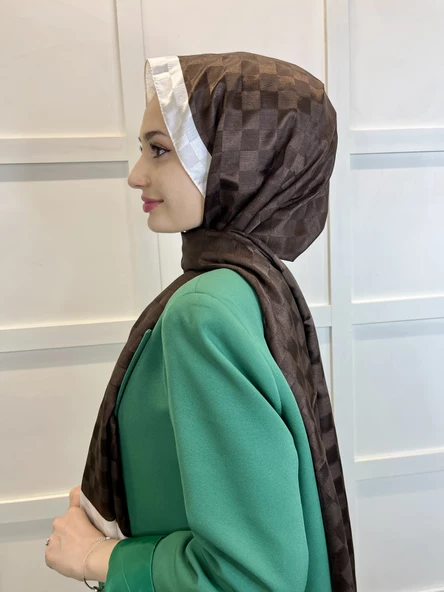 Hint İpek Dama Desenli Monogram Şal 00707 ACI KAHVE - 3