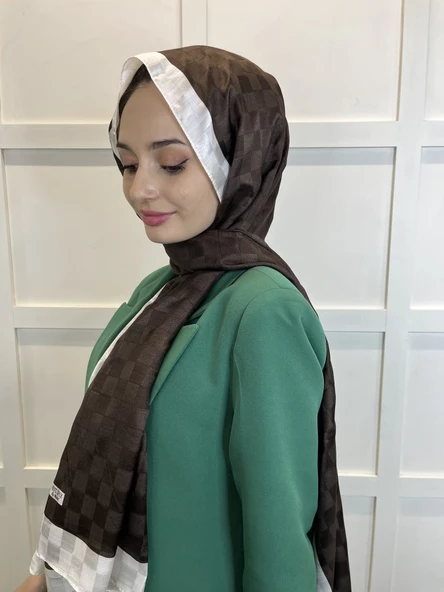 Hint İpek Dama Desenli Monogram Şal 00707 ACI KAHVE - 2
