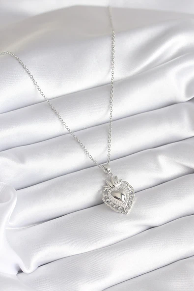 316L Çelik Gümüş Renk Zirkon Taş Detay Taç Kalp Model Kadın Kolye - TJ-BKO8273 ürün görseli