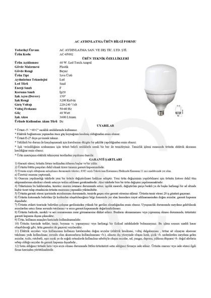 40W Torch Led Ampul Amber Işık - Resim 2