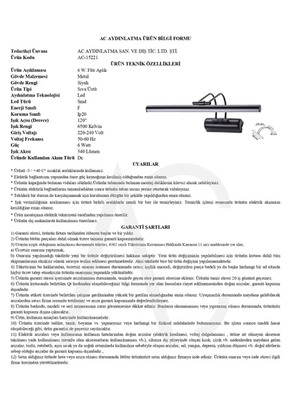 6W Siyah Flüt Aplik 6500K (Beyaz Işık) - 2