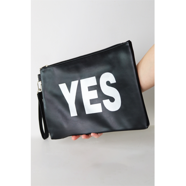 Kadın Vegan Deri Clutch Fermuarlı Siyah Baskılı Omuz Çantası