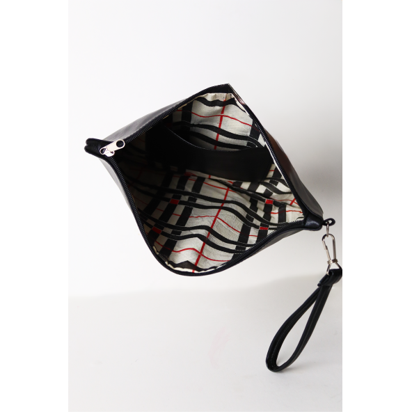 Kadın Vegan Deri Clutch Fermuarlı Siyah Baskılı Omuz Çantası - 2