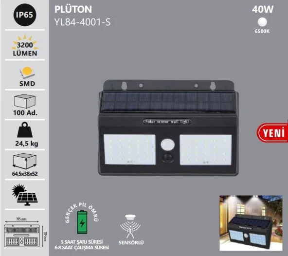 Noas YL84-4001-S Plüton 40W 6500K Beyaz Işık Solar Aplik