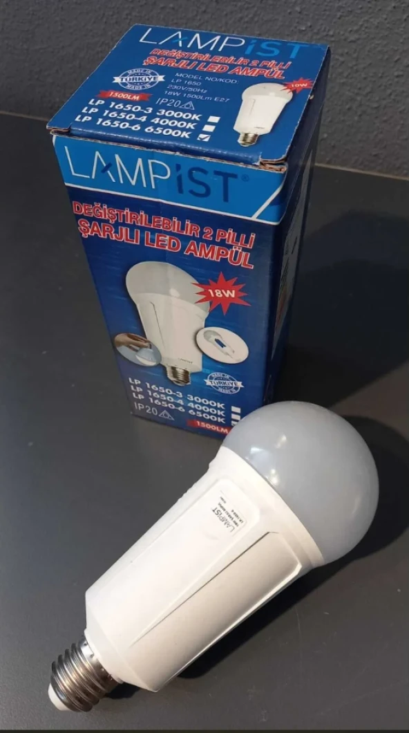 Lampist 18W Değiştirilebilir Pilli (2 Pilli) 6500K Beyaz Işıklı Şarjlı Led Ampul