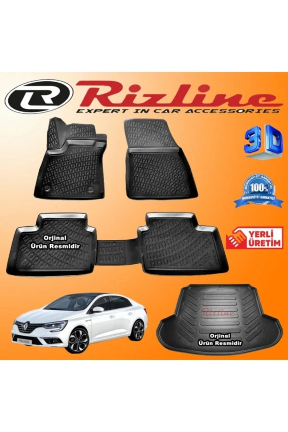 Rizline  Megane 4 3d Paspas + 3d Çift Kulaklı Bagaj Havuzu Sedan 2016 Sonrası Siyah Set