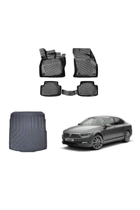 Rizline  Vw Passat B8 3d Paspas + 3d Bagaj Havuzu Sedan 2015-2020 Arası Siyah Set