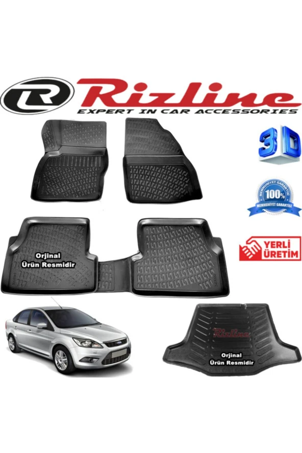Rizline  Ford Focus 2 3d Paspas + 3d Bagaj Havuzu Sedan 2005-2011 Arası Siyah Set