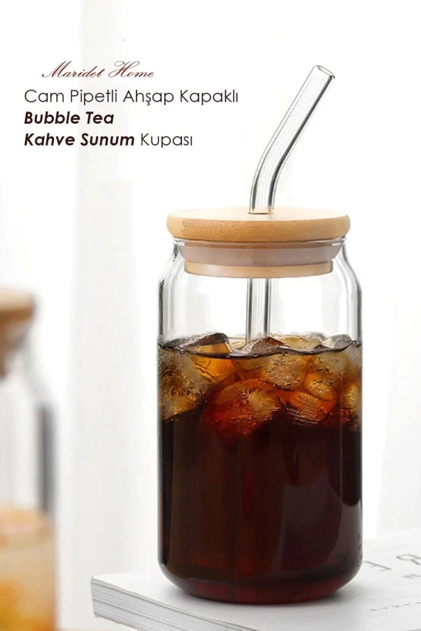 Isıya Dayanıklı Cam Pipetli Ahşap Kapaklı Bubble Tea Ve Borosilikat Bardak | 2 Adet